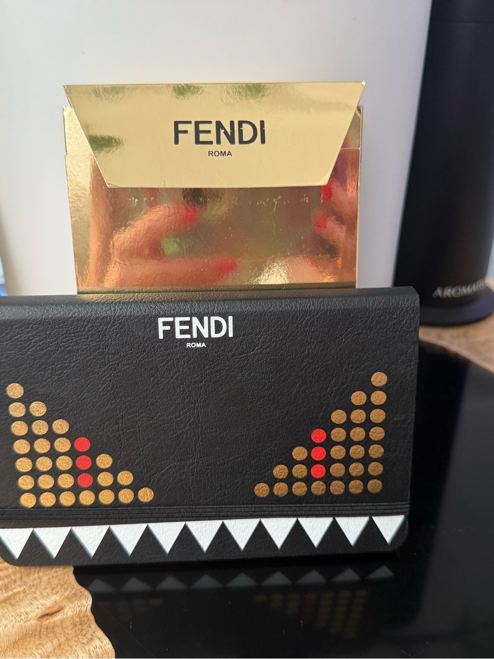 Fendi Black Leather Card Holder with Gold & Red Stud Motif
